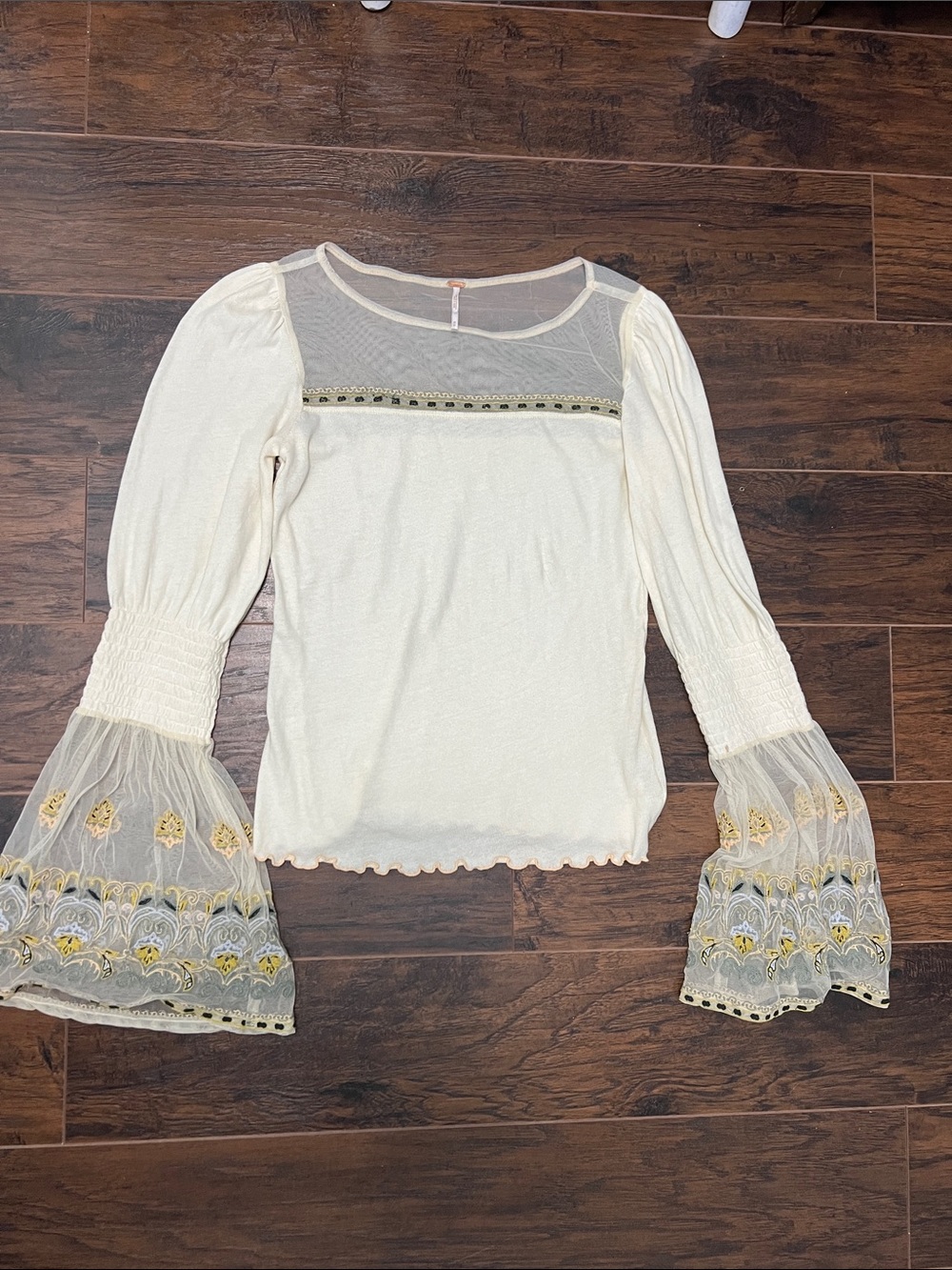 Free People Medium Ivory Boho Mesh Bell-Sleeve Top with Yellow Embroidery